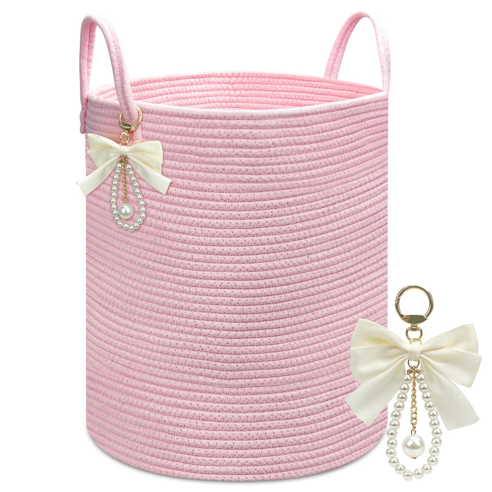 Goodheim laundry hamper pink close-up cotton rope shows sturdy weave for daily use.