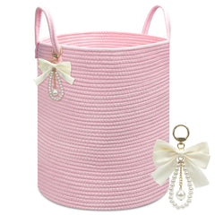 Goodheim laundry hamper pink close-up cotton rope shows sturdy weave for daily use.