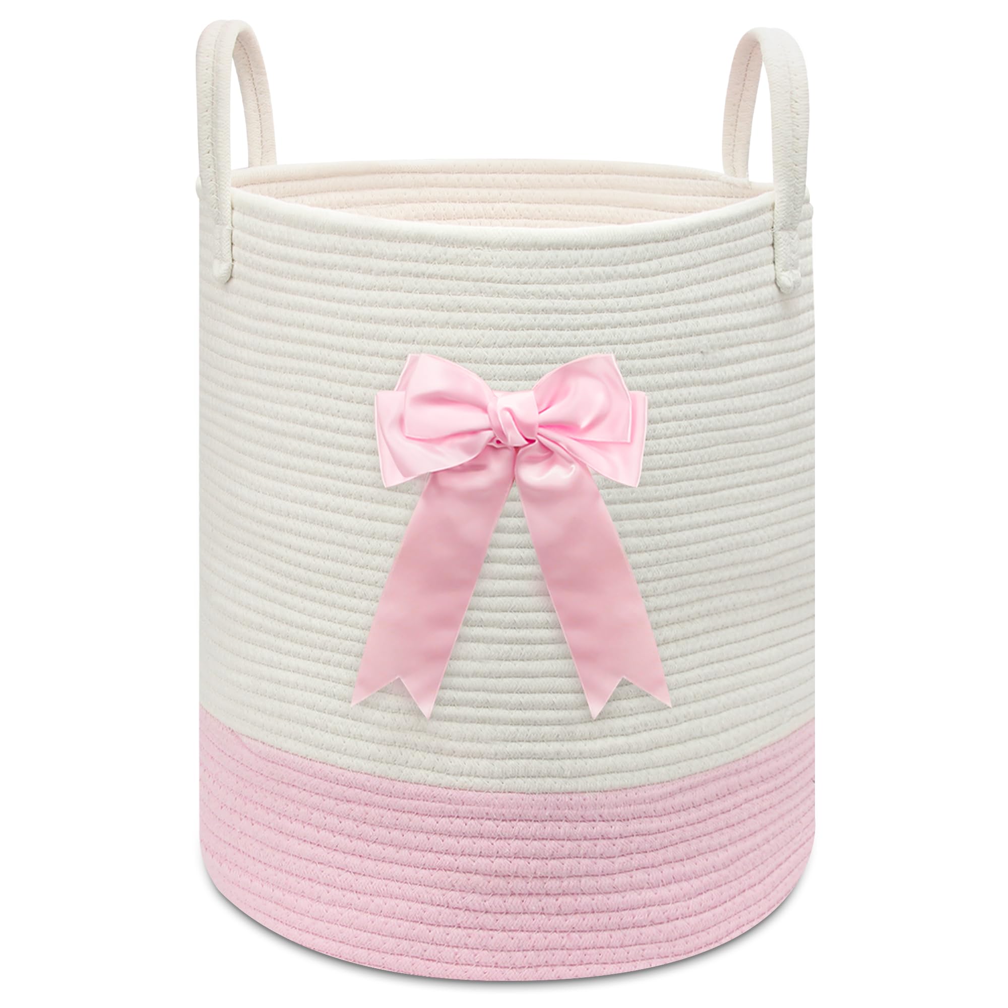 Goodheim pink woven laundry hamper with bow for nursery storage and clothes.