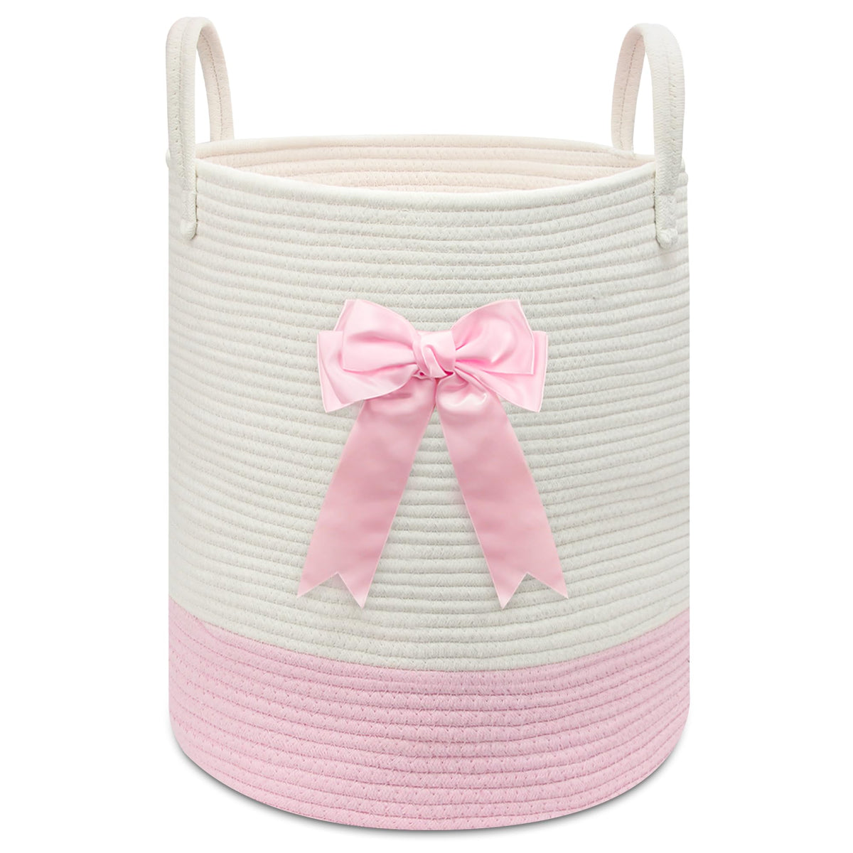 Goodheim pink woven laundry hamper with bow for nursery storage and clothes.