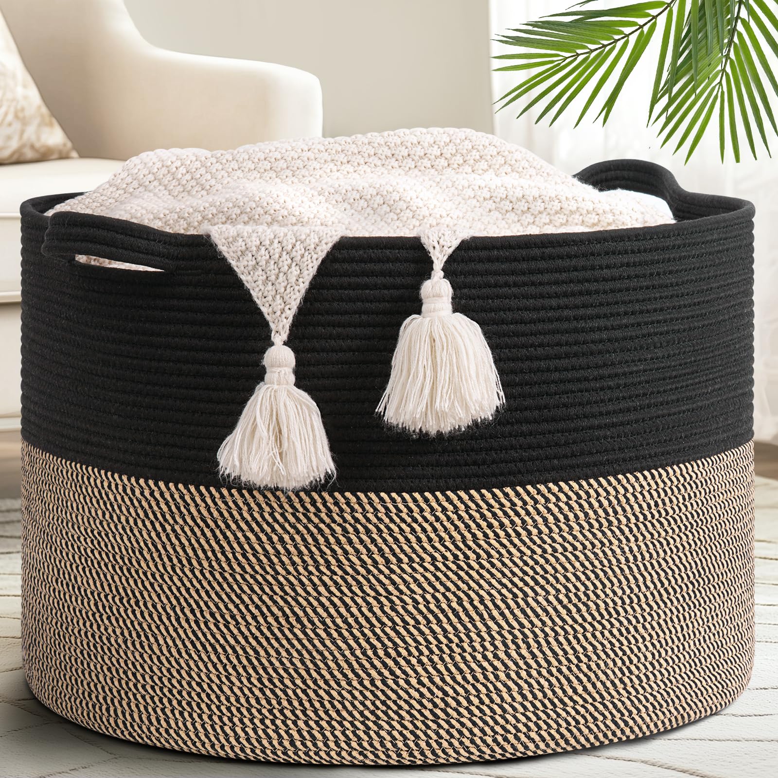 Goodpick 115L extra large blanket basket with rope handles for easy transport.