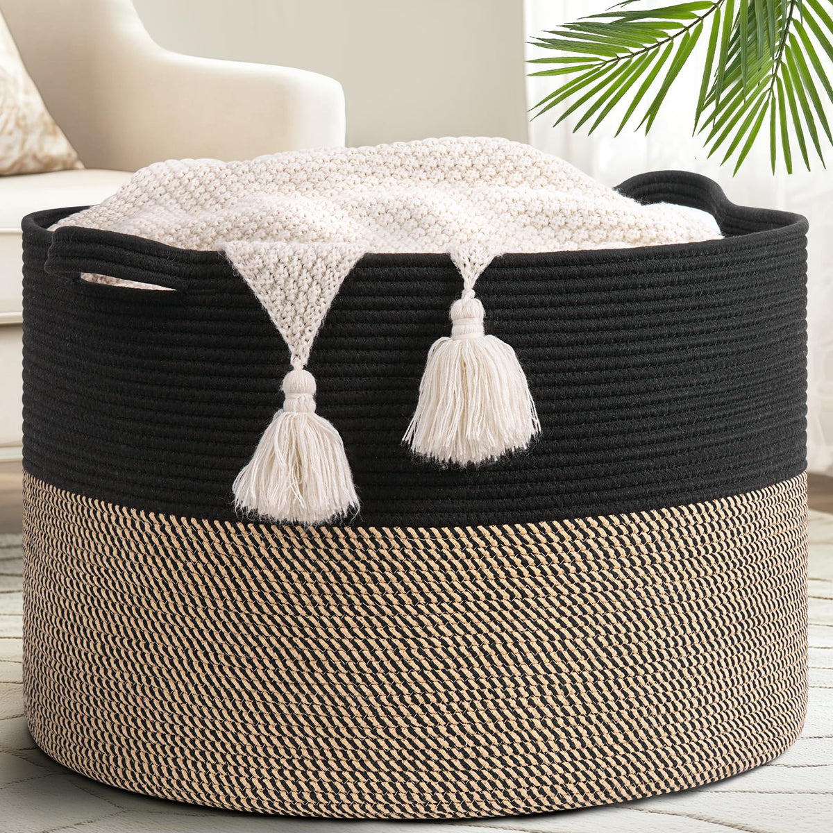 Goodpick 115L extra large blanket basket with rope handles for easy transport.
