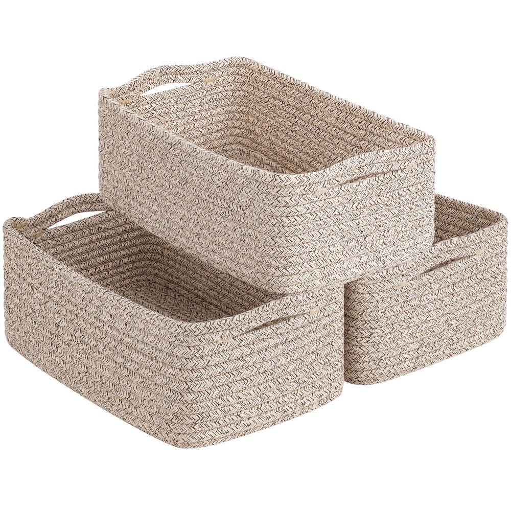 Goodpick Baskets 3-pack in white and brown for organized shelf storage.
