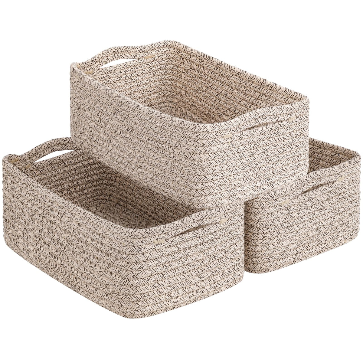 Goodpick Baskets 3-pack in white and brown for organized shelf storage.