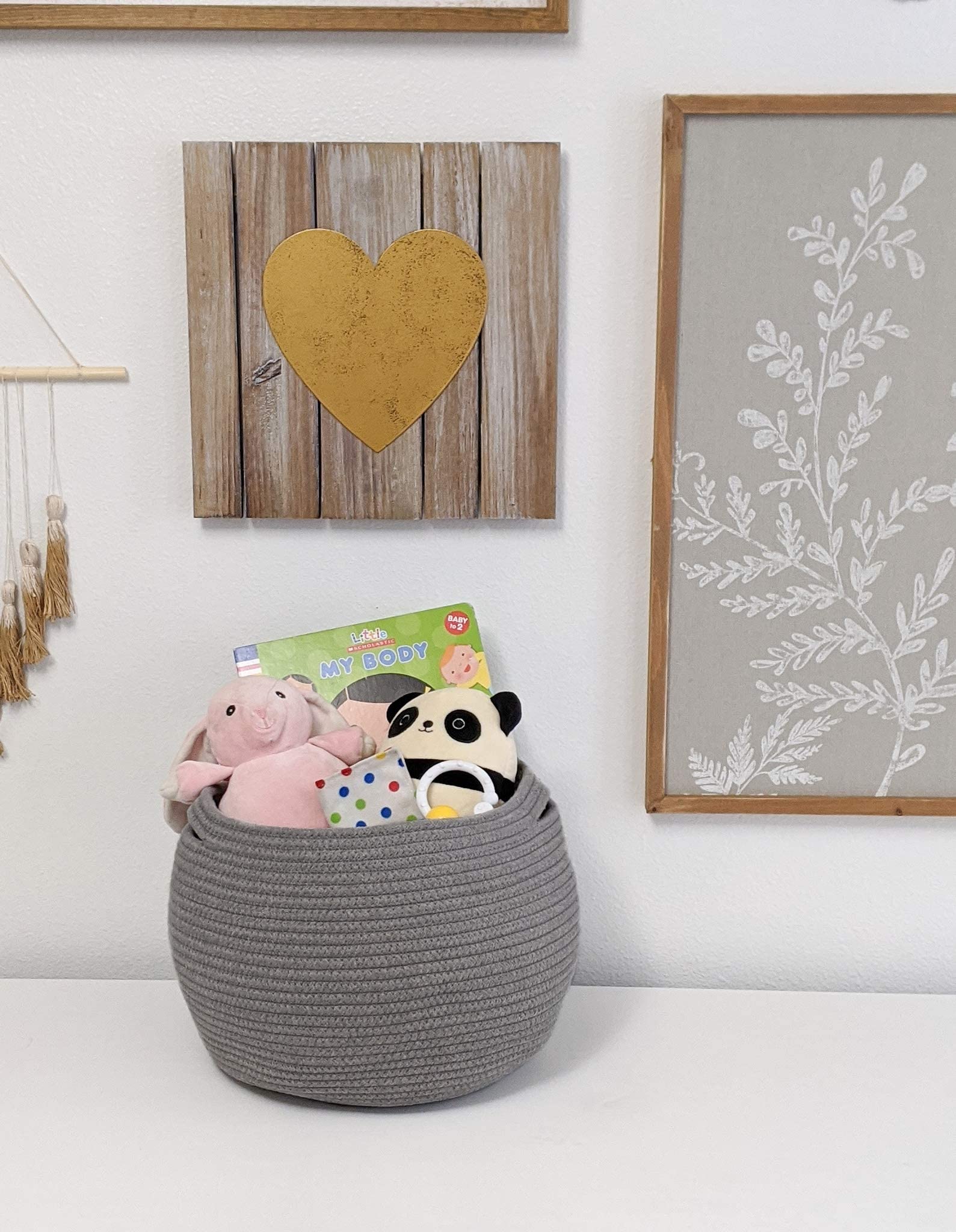 Goodpick decorative gray basket adds tidy storage to bedroom shelves.