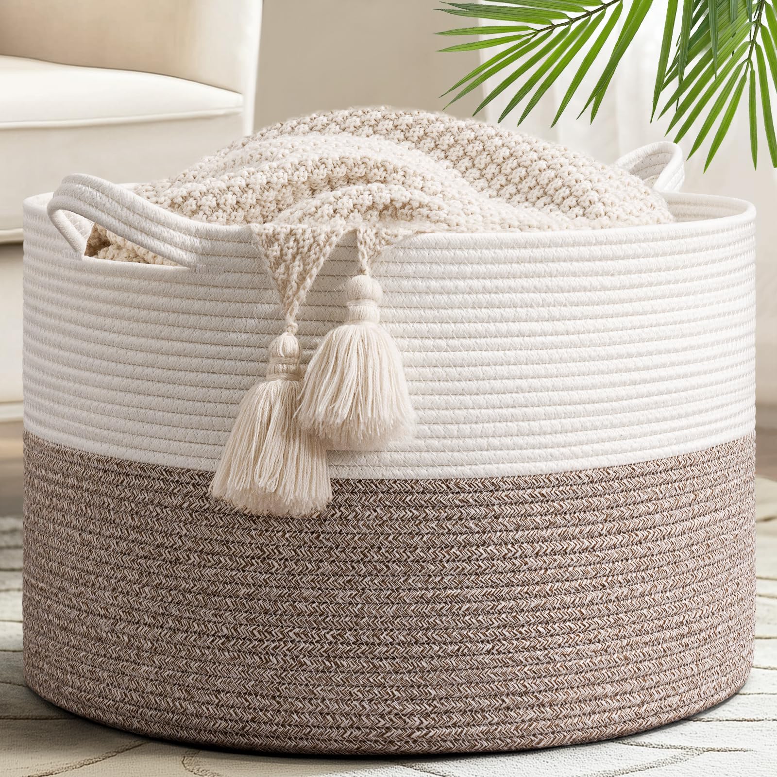 Goodpick blanket basket in a living room for easy storage.