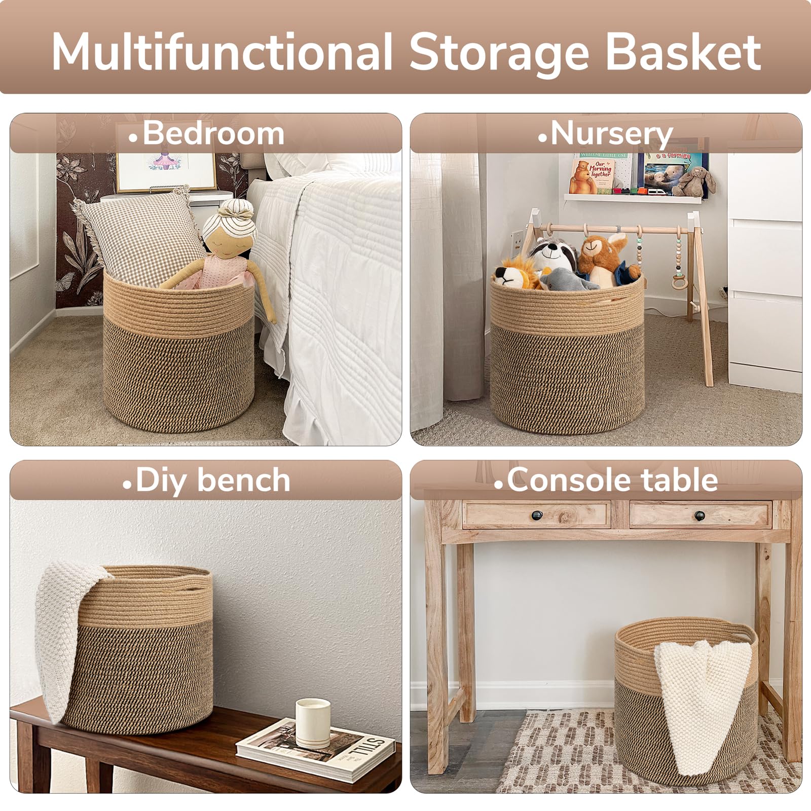 Goodpick cotton rope basket with handles for portable laundry.