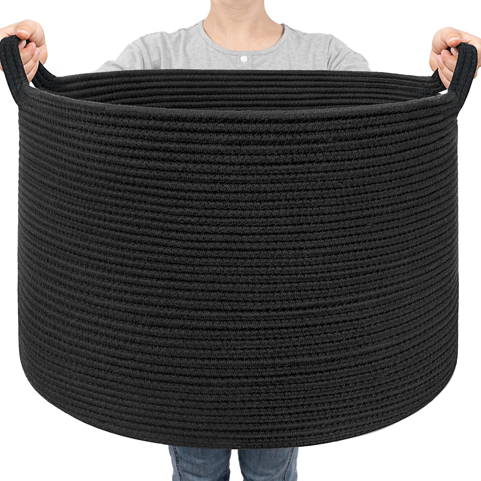 Goodpick large blanket basket with 22x14 in black rope, ideal for blanket storage.
