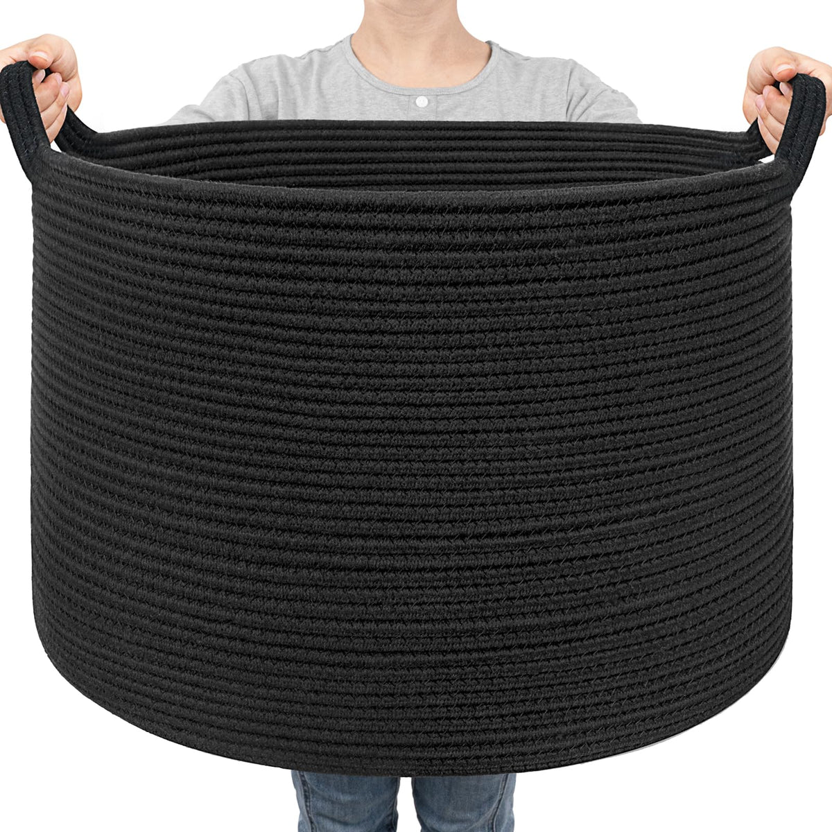 Goodpick large blanket basket with 22x14 in black rope, ideal for blanket storage.