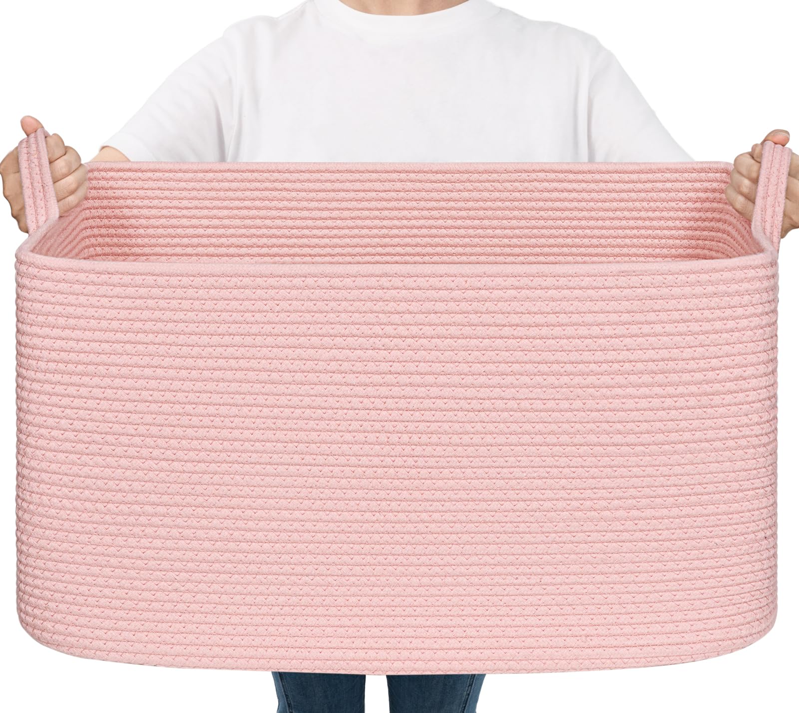 Goodpick large blanket basket pink with soft cotton rope for living room storage.