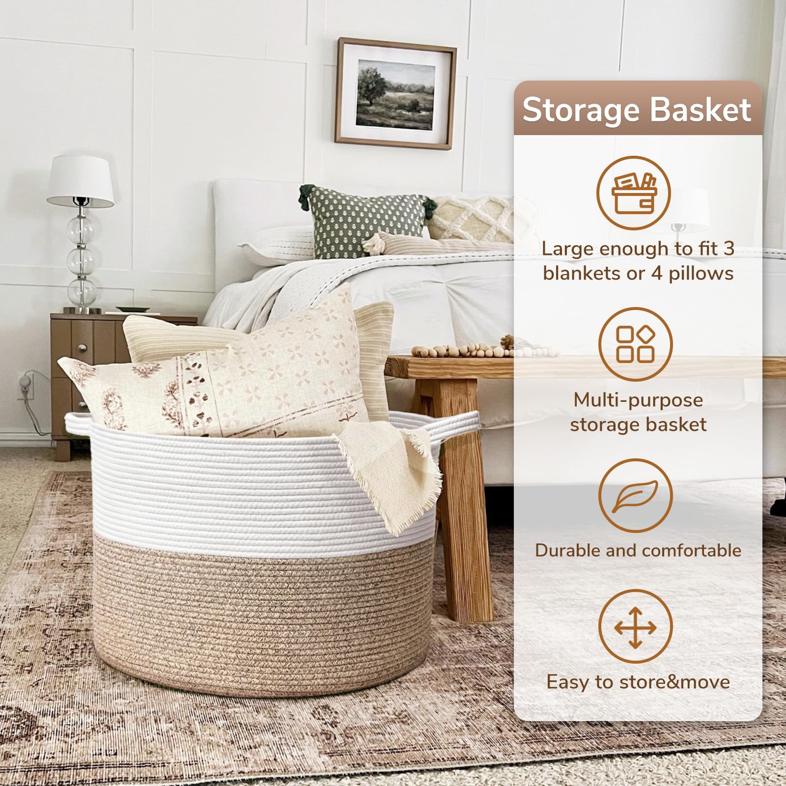 Goodpick blankets neatly stored inside the rope basket for cozy organization