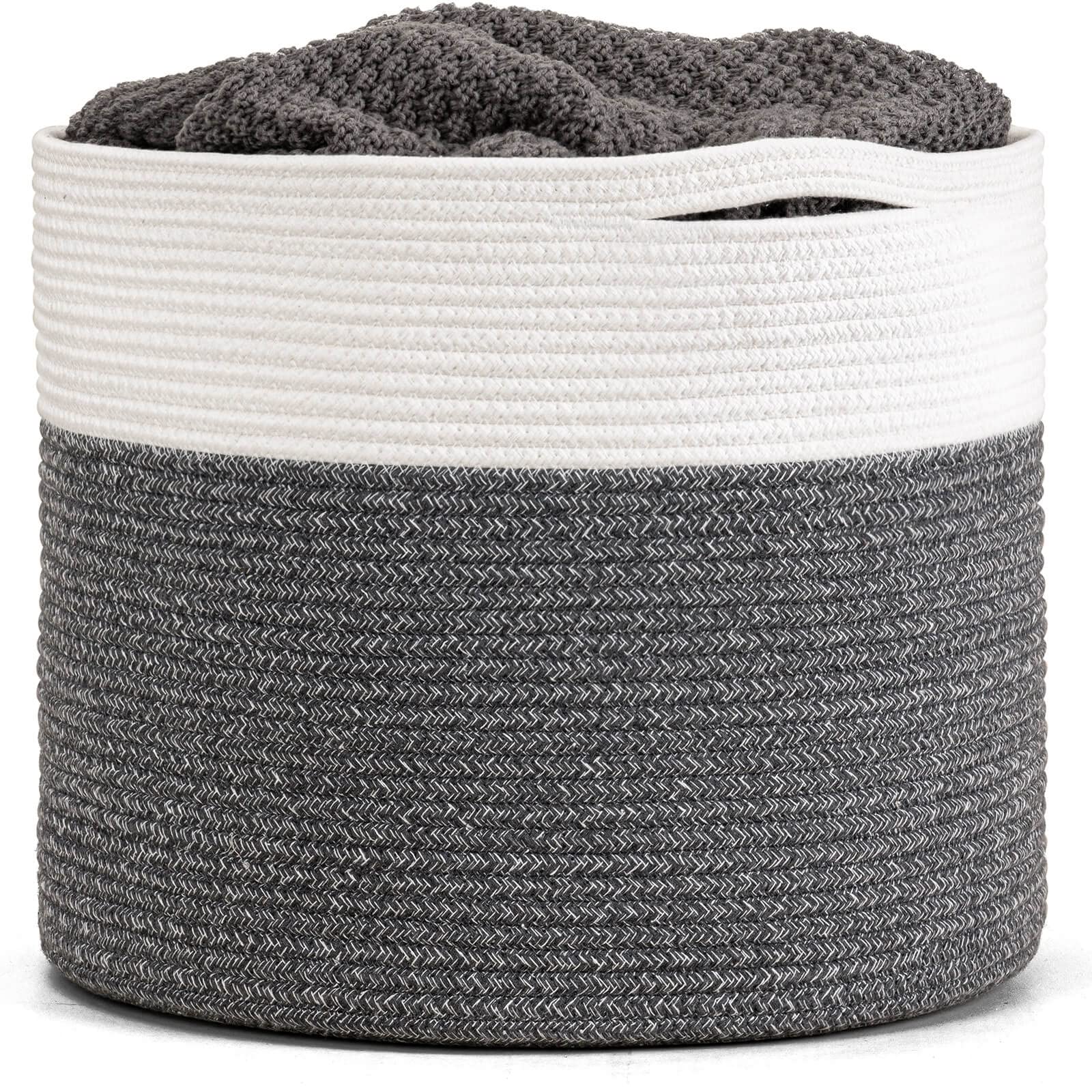 Goodpick large cotton rope basket gray blanket storage keeps living spaces organized.