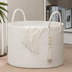 Goodpick large laundry basket stores blankets with soft rope texture.