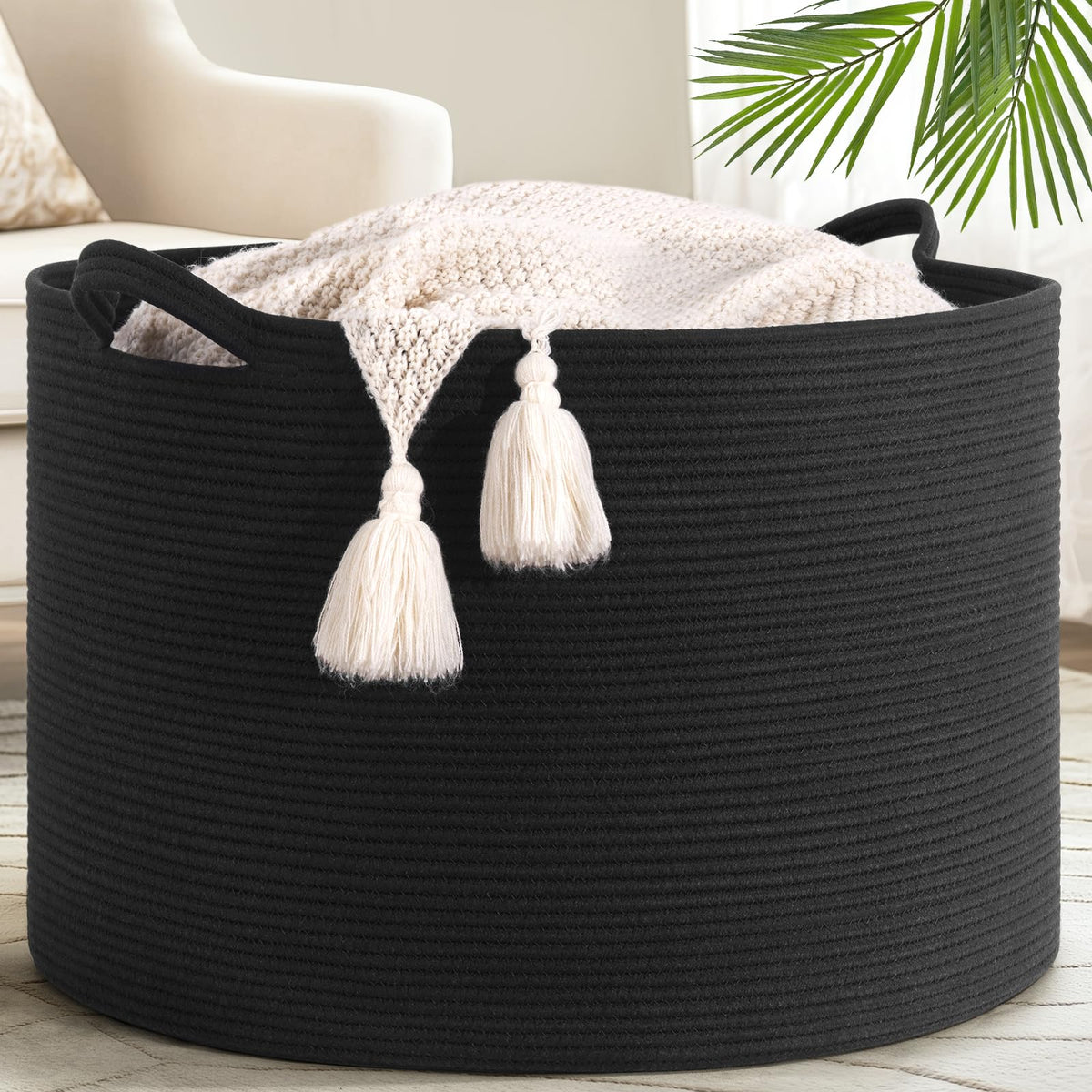Goodpick large storage basket with 115L capacity for living room clutter control.