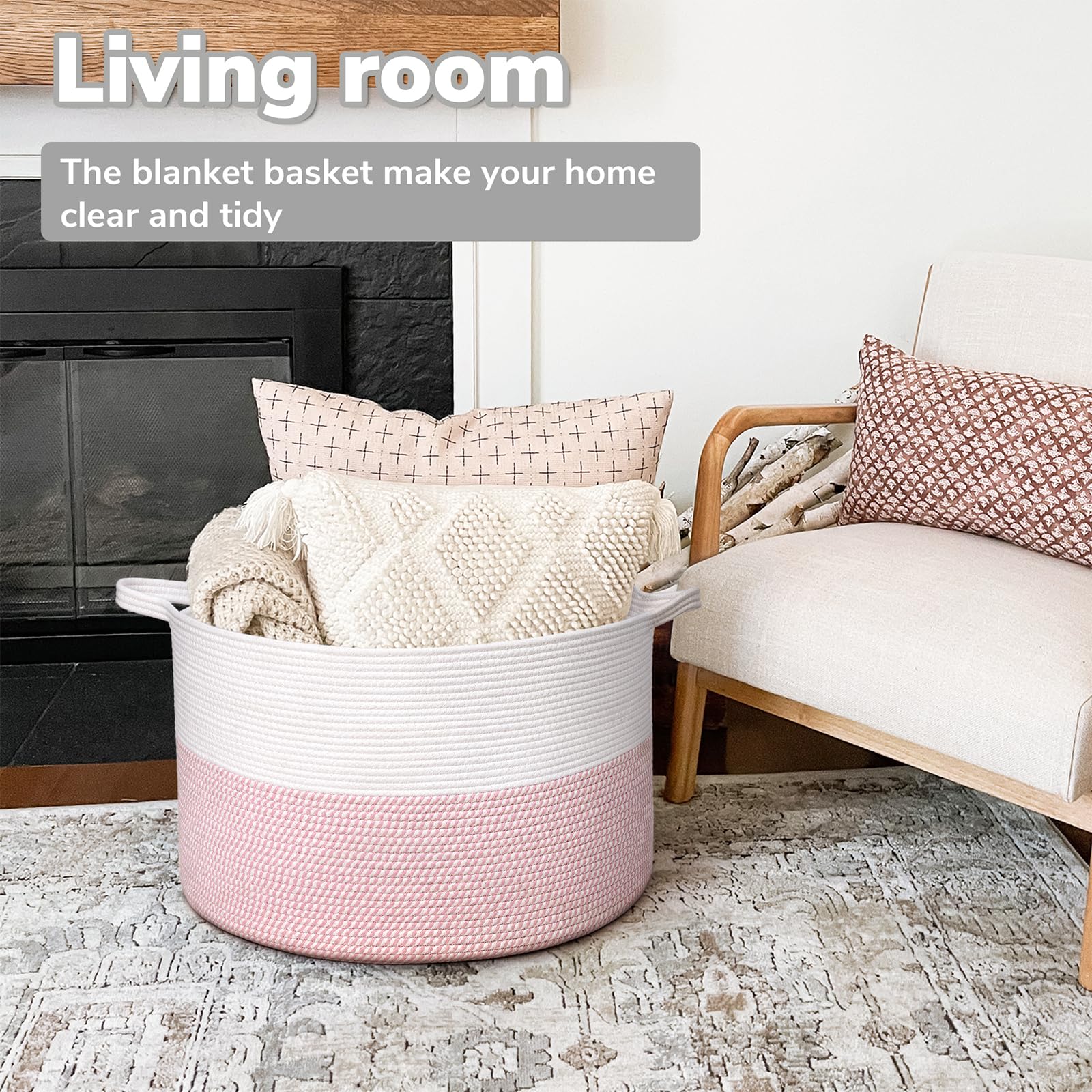 Goodpick large storage basket pink blankets neatly stored and organized in living space.