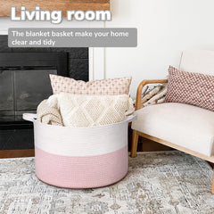 Goodpick large storage basket pink blankets neatly stored and organized in living space.