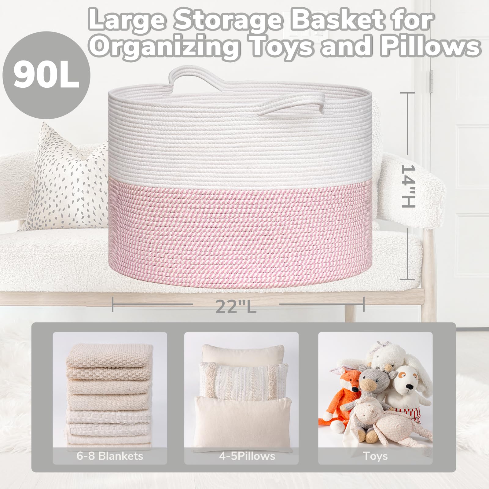 Goodpick pink storage basket shown in living room as toy organizer.