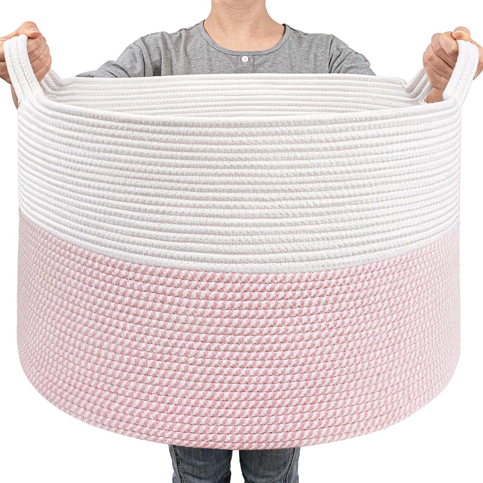 Goodpick large storage basket pink front view for blanket organization.