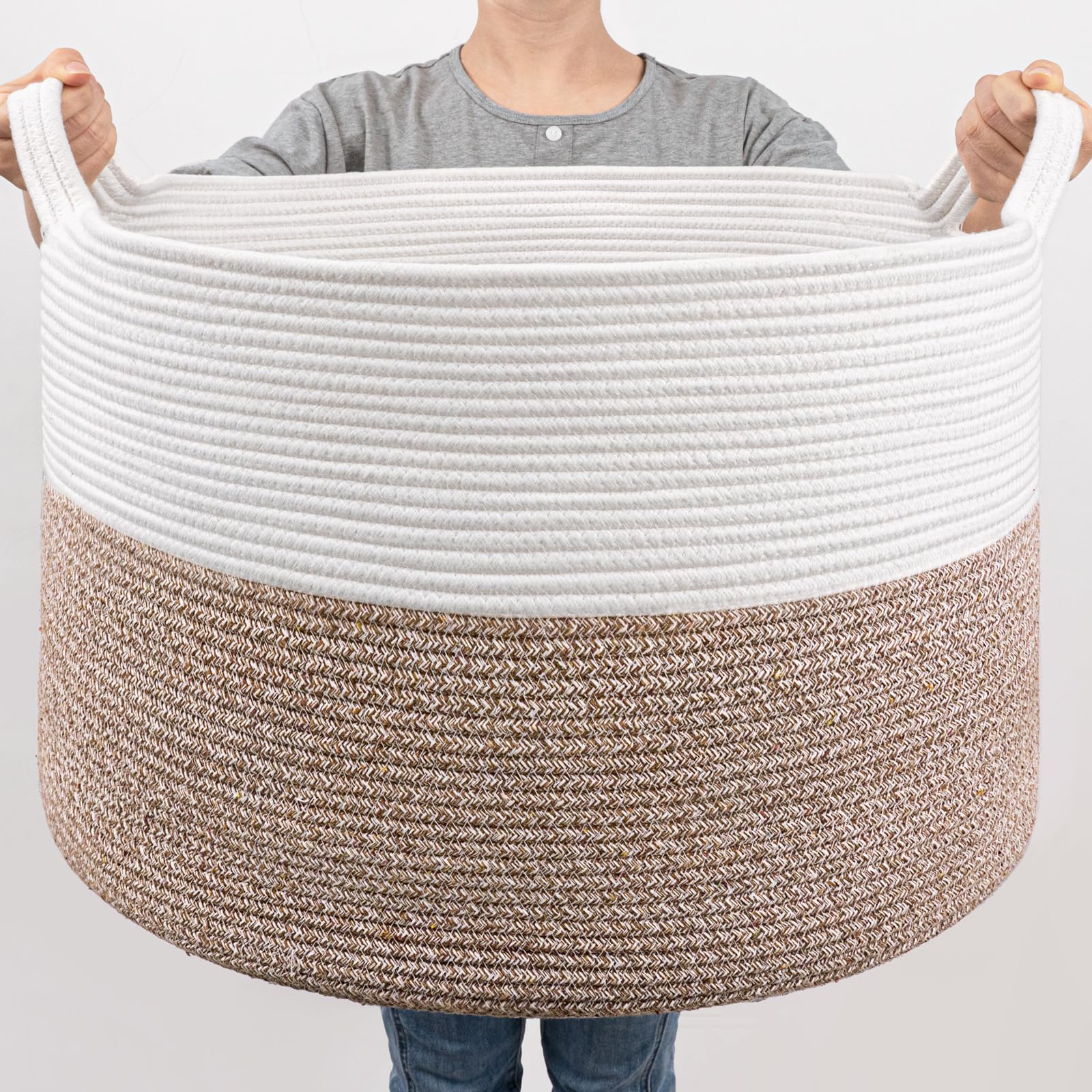 Goodpick large storage basket 83L in living room for tidy blankets and toys.
