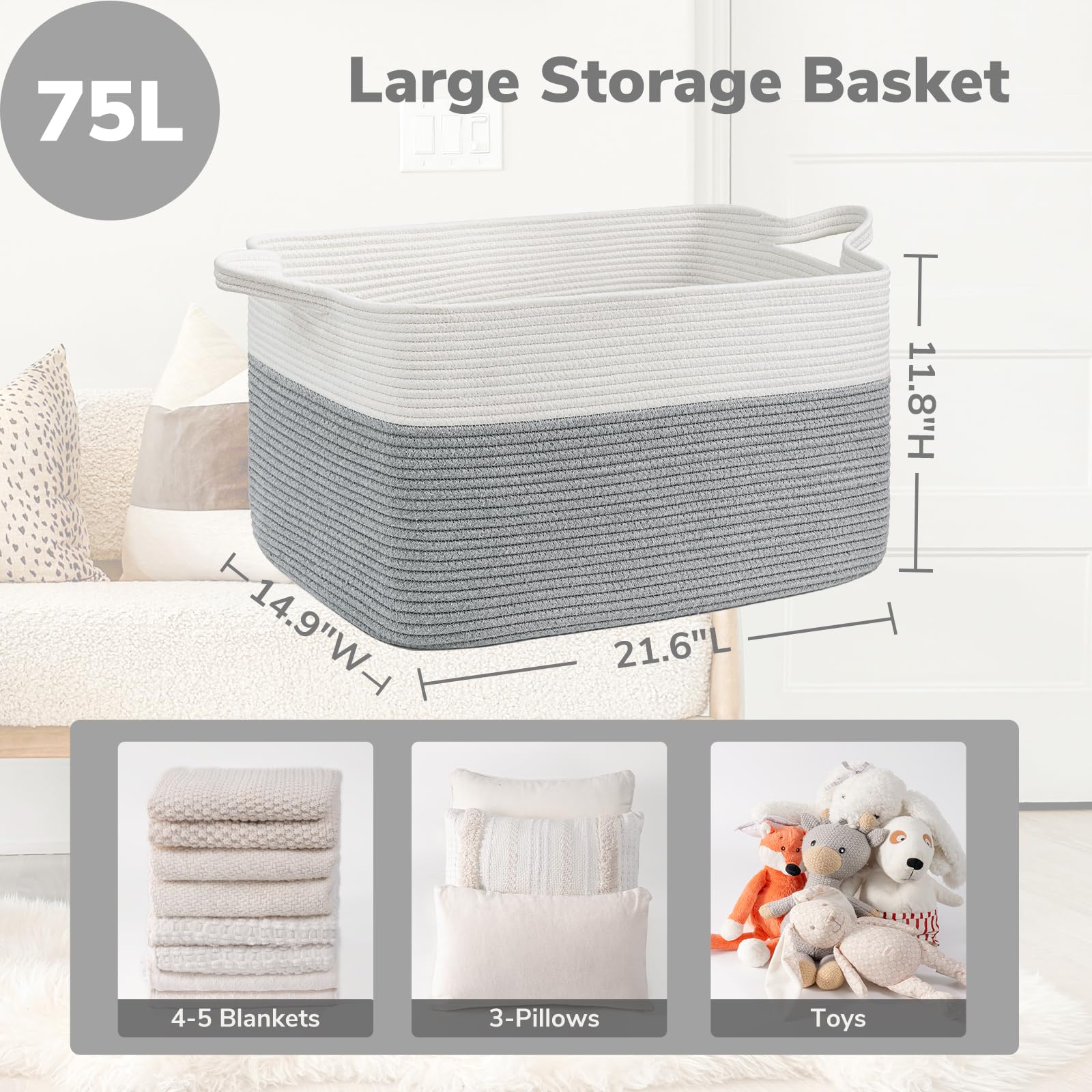 Goodpick grey cotton rope basket handles shown for easy transport and family use