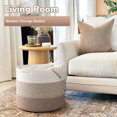 Goodpick large woven basket used as baby laundry hamper beside the crib.
