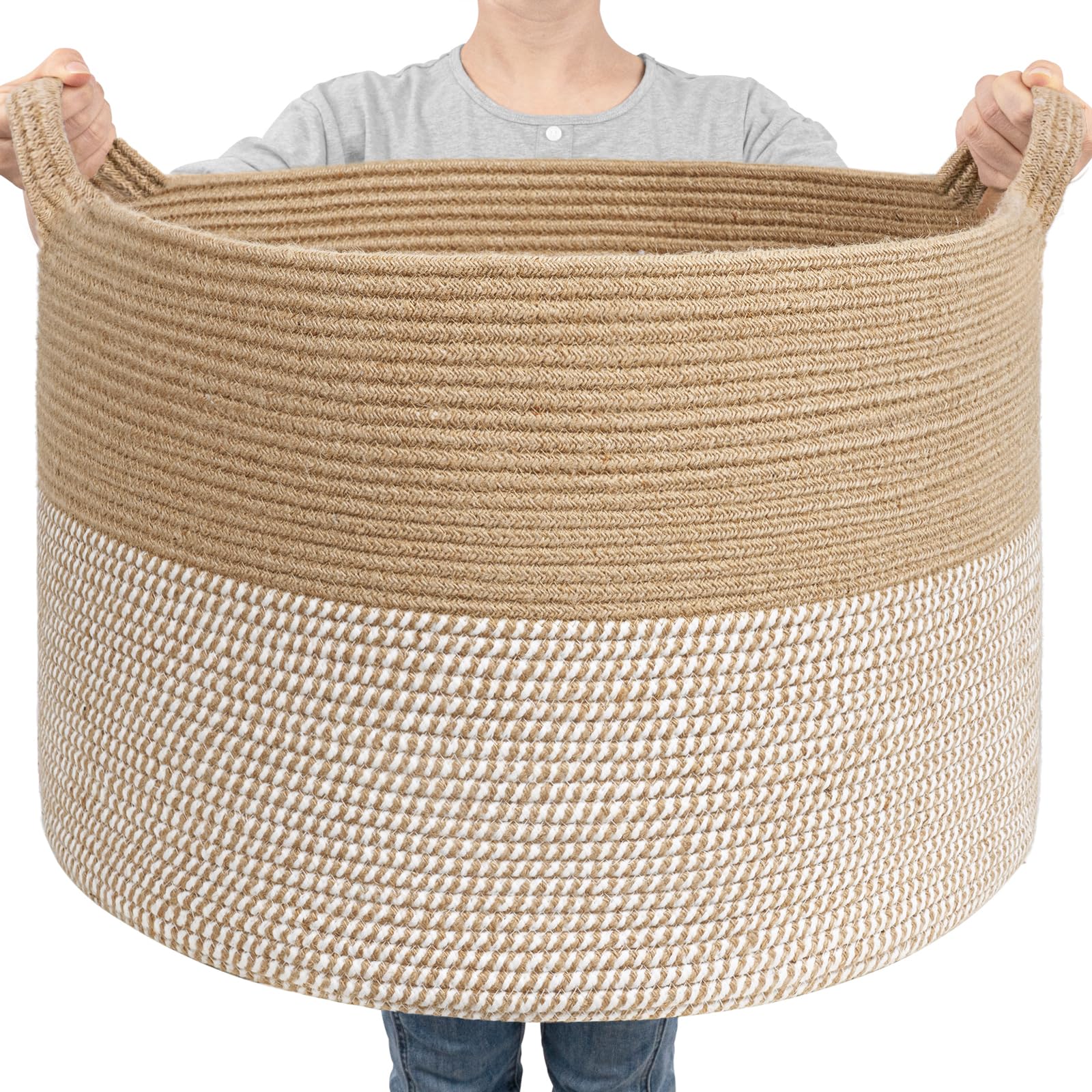 Goodpick large woven storage basket in white and jute for high-capacity storage.