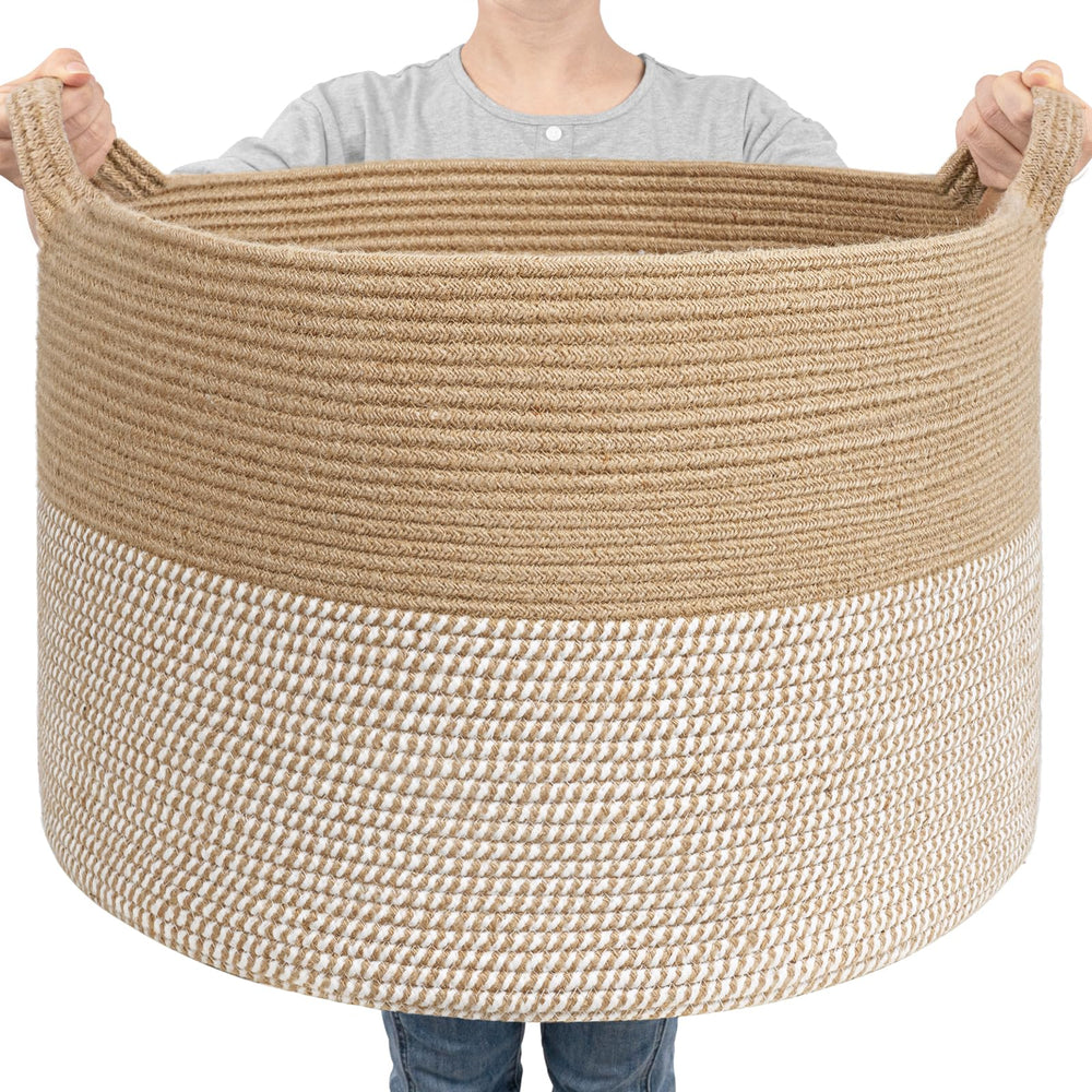 Goodpick large woven storage basket in white and jute for high-capacity storage.