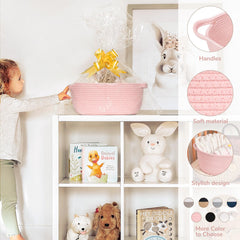 Goodpick pink rope basket used as toy storage in a nursery for tidy organization