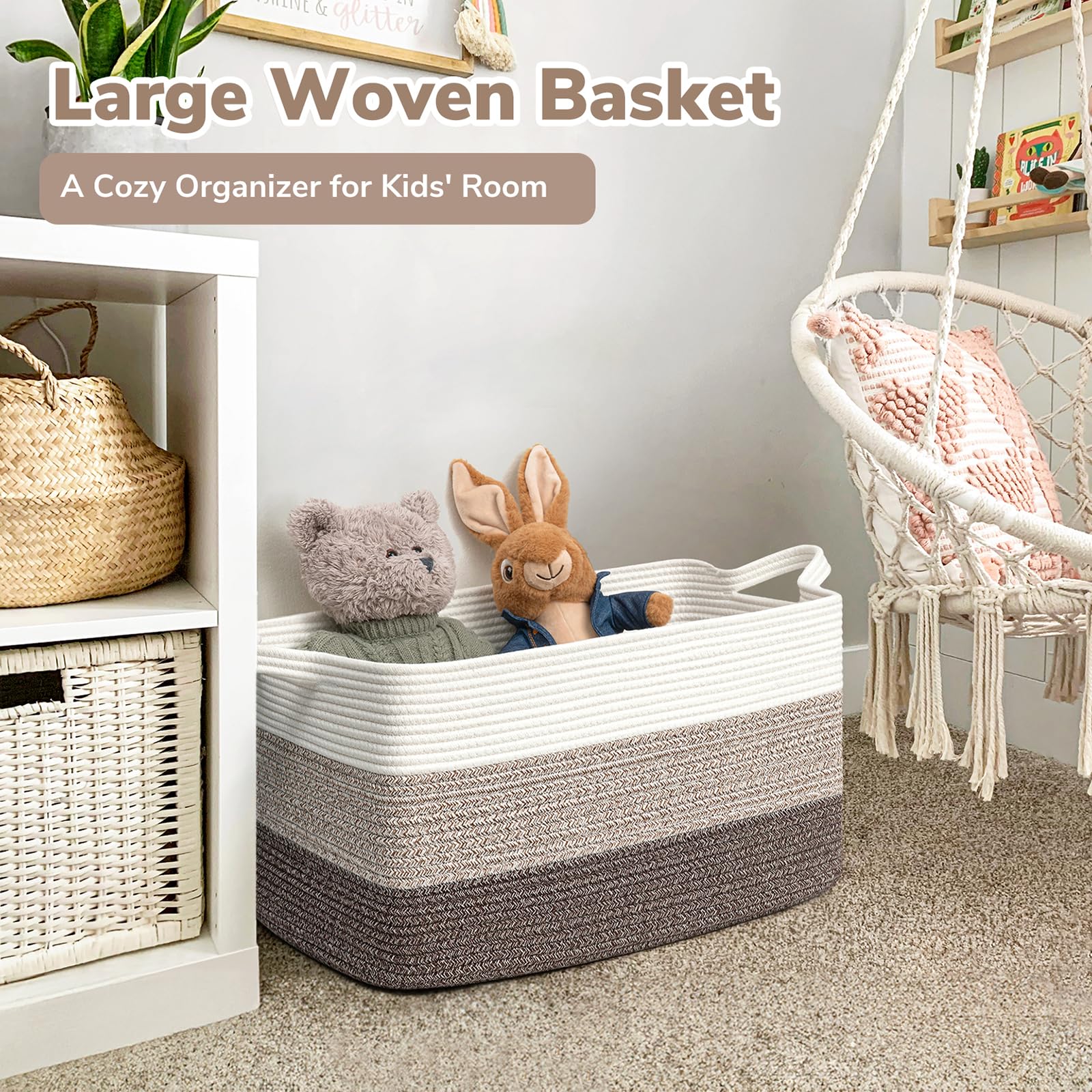 Goodpick rectangle rope basket placed on the floor for organization