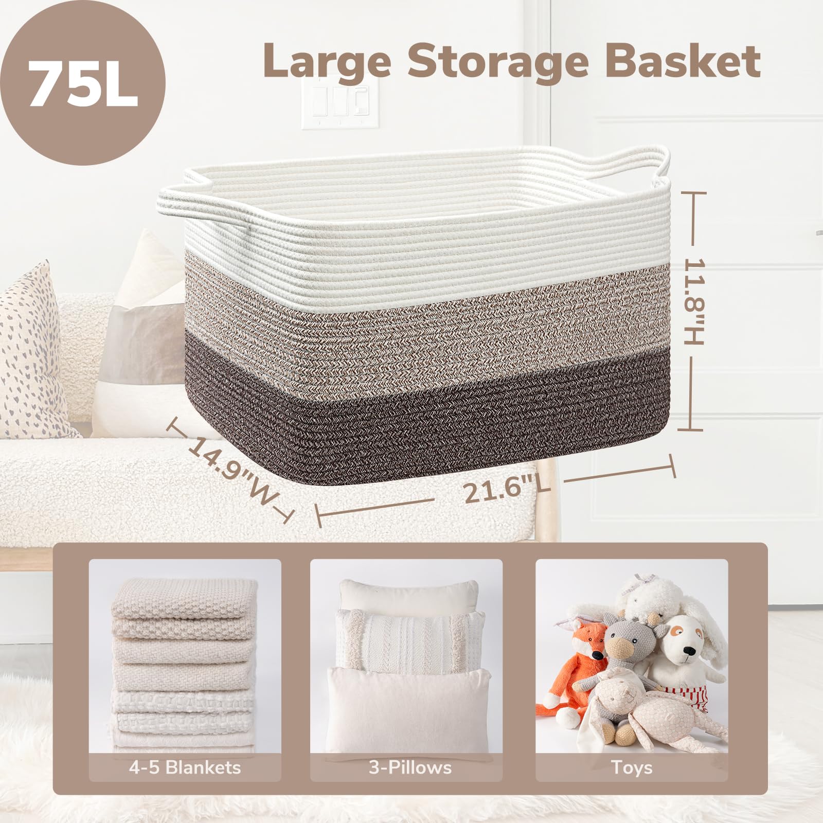 Goodpick rope basket with two handles for easy room-to-room transport