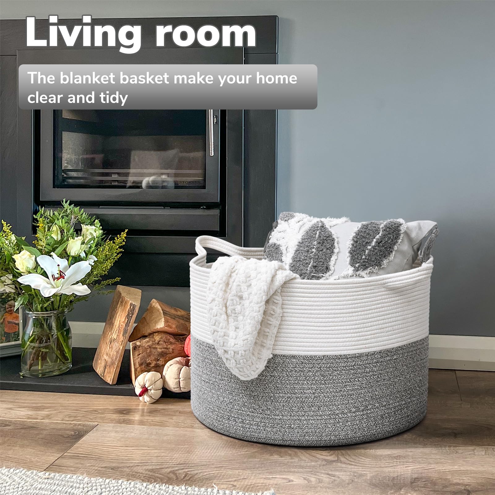 Goodpick rope basket in living room adds stylish storage and decor.