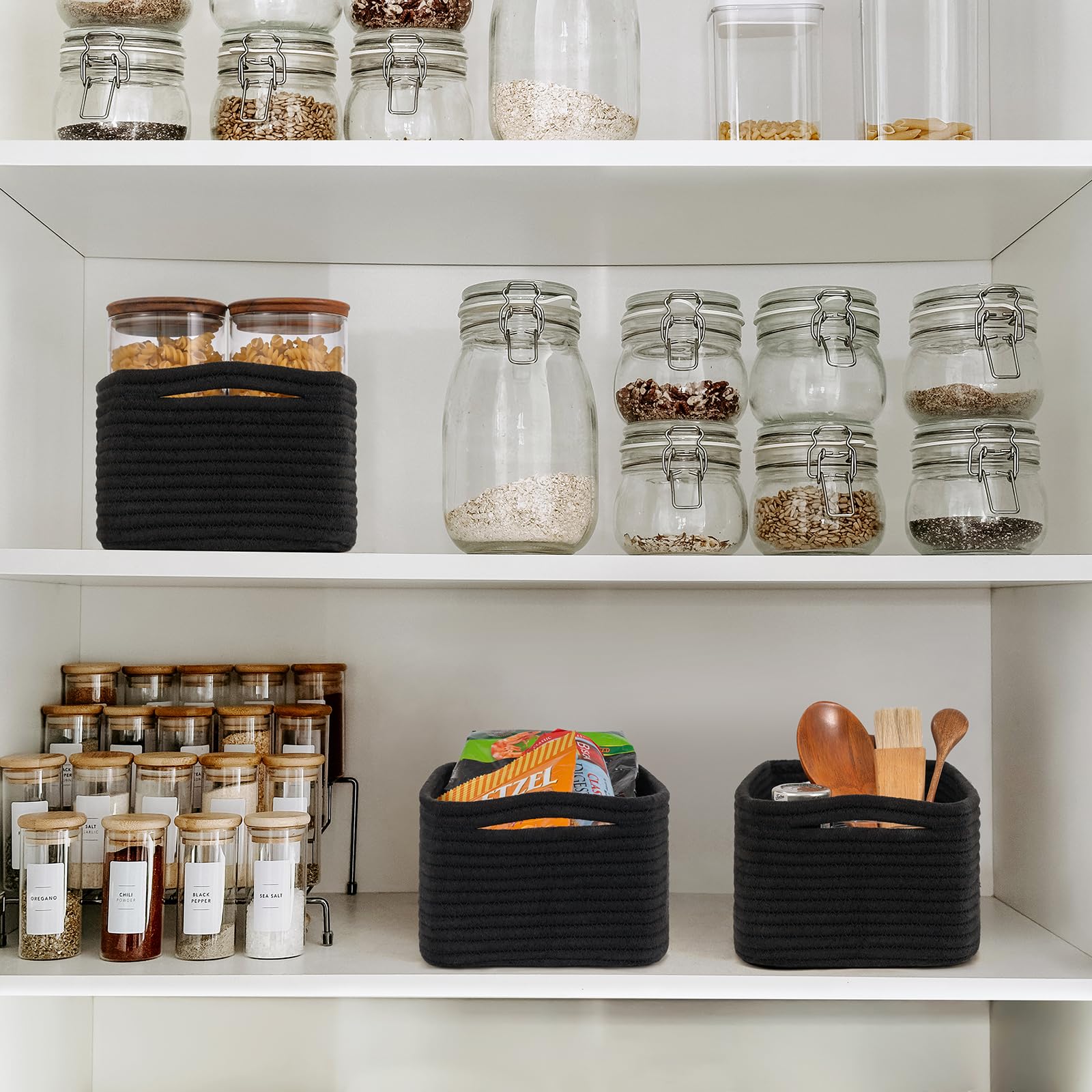 Goodpick black storage basket for shelves, easy stacking.
