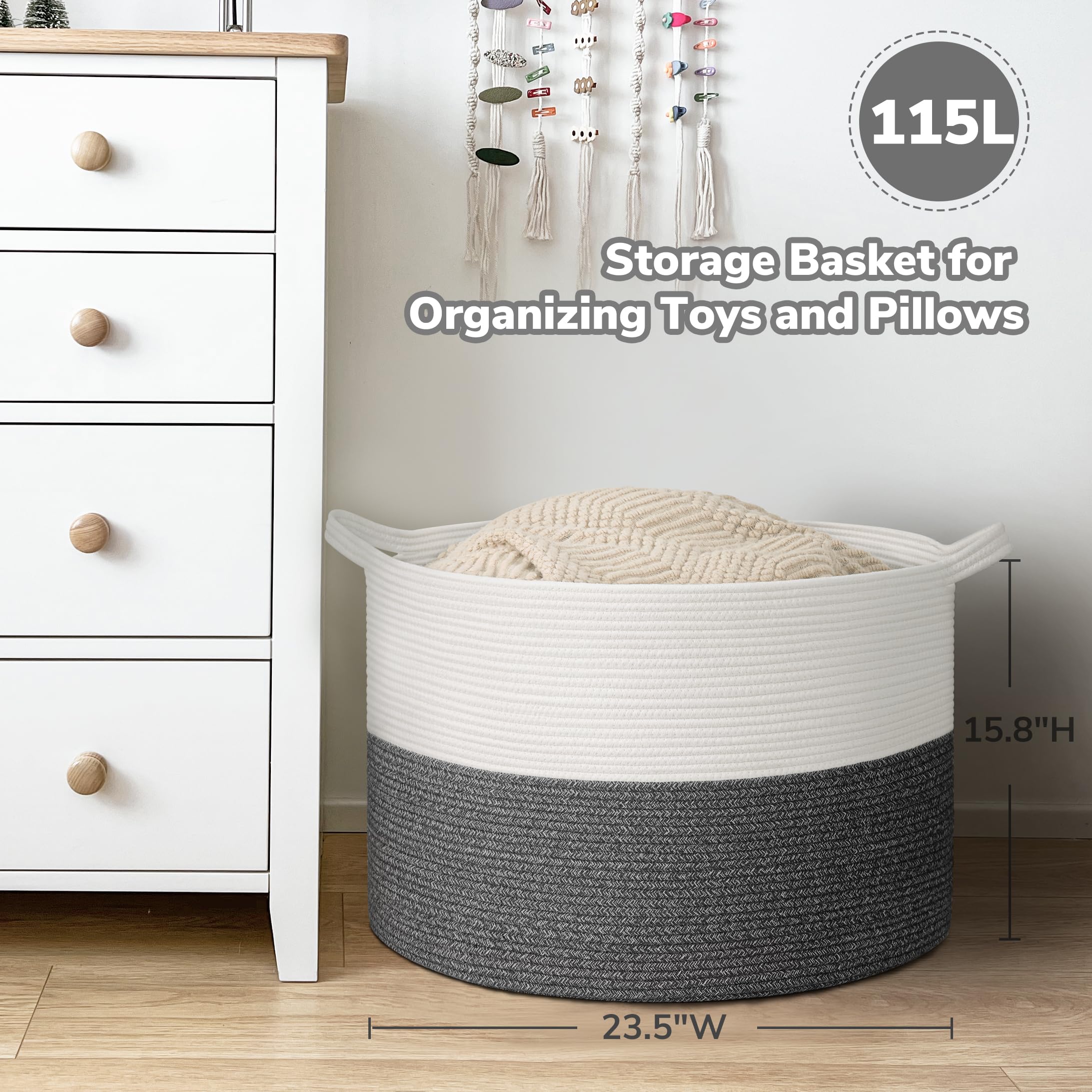 Goodpick rope basket with handles, easy transport between rooms.