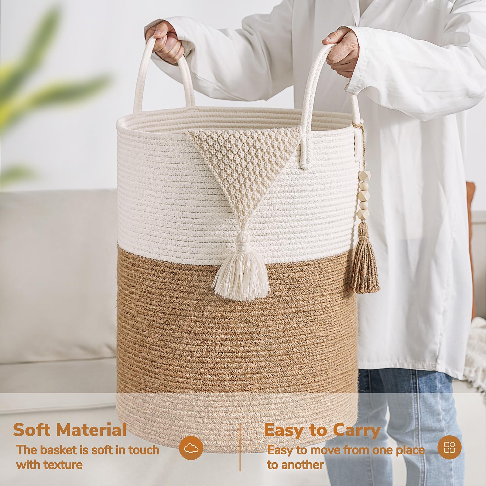 Goodpick storage basket with sturdy handles for easy transport between spaces.