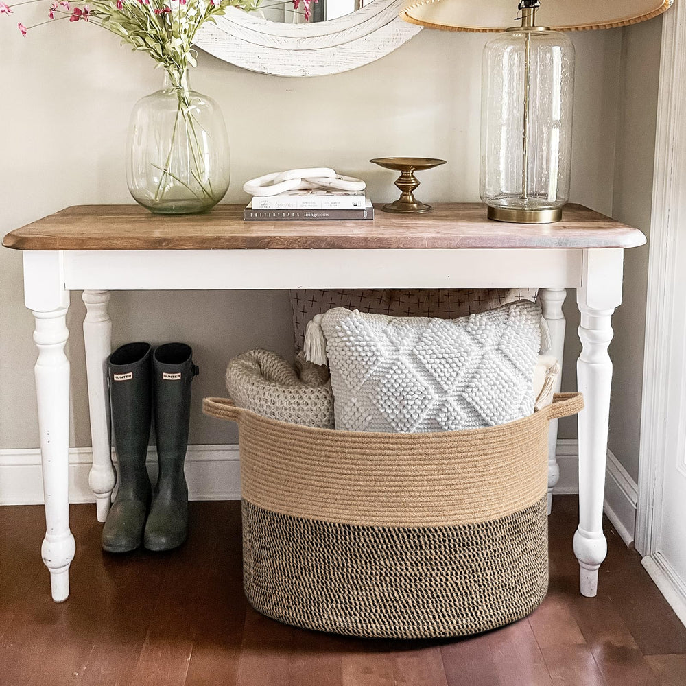 Goodpick wicker storage basket with two handles for portable, room-to-room use.