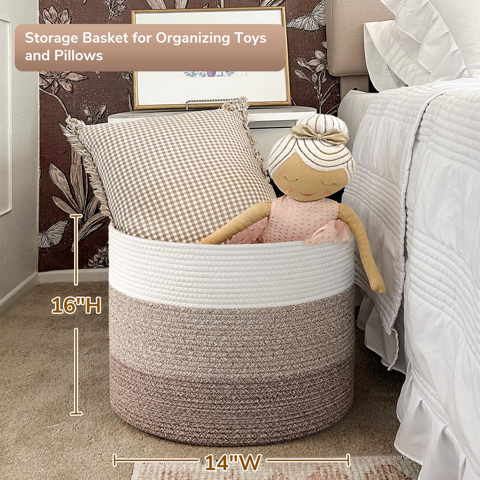 Goodpick woven basket keeps toys and books organized in play areas.