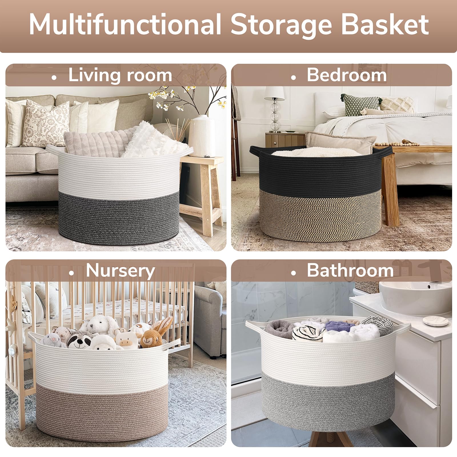 Goodpick woven rope basket adds decorative texture to living spaces.