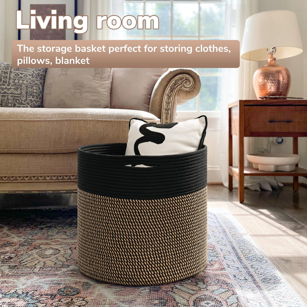 Goodpick woven rope storage basket side with hidden handles, easy to move between rooms
