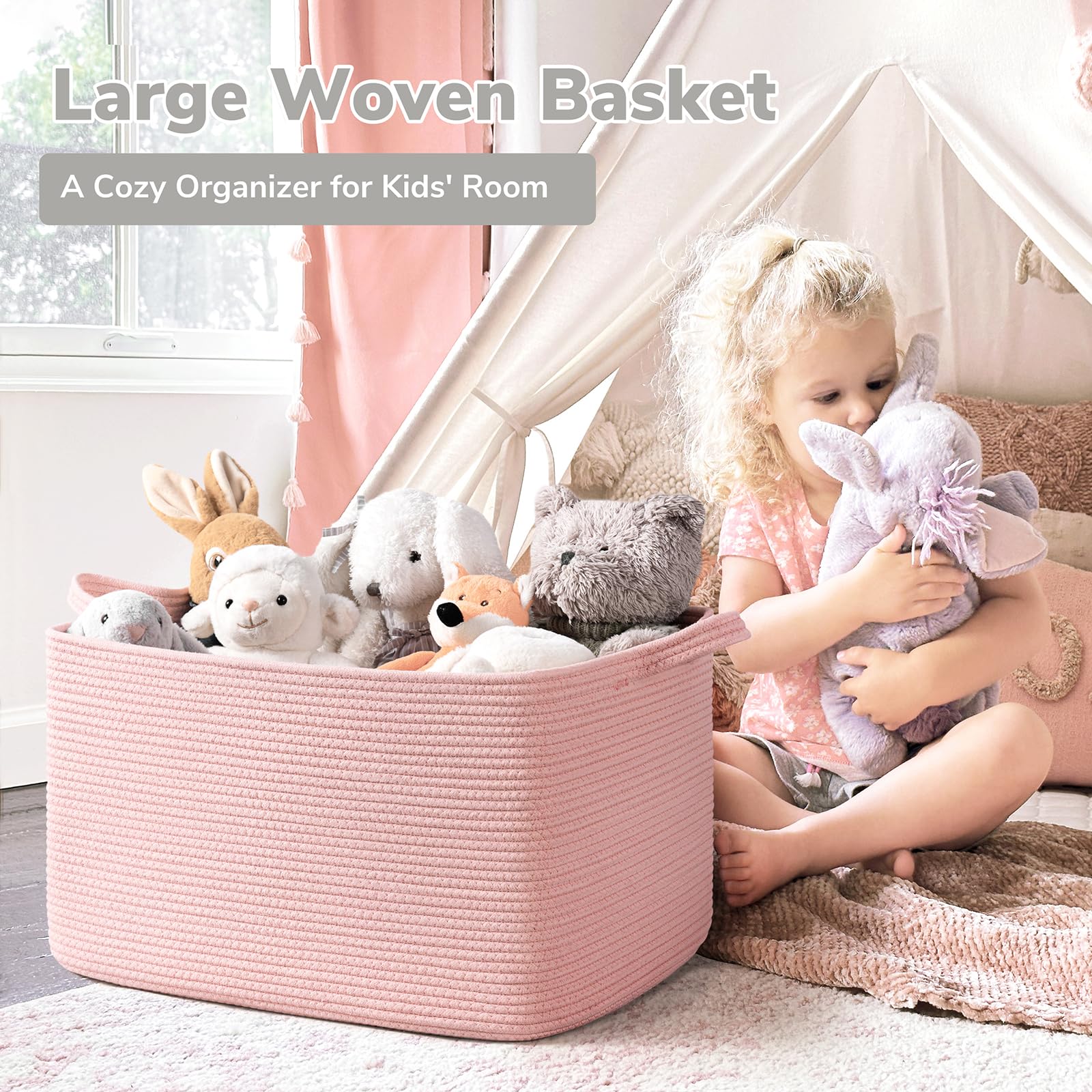 Goodpick woven storage basket with sturdy handles for easy lifting.