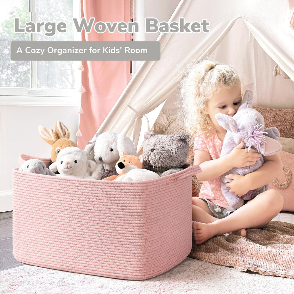 Goodpick woven storage basket with sturdy handles for easy lifting.