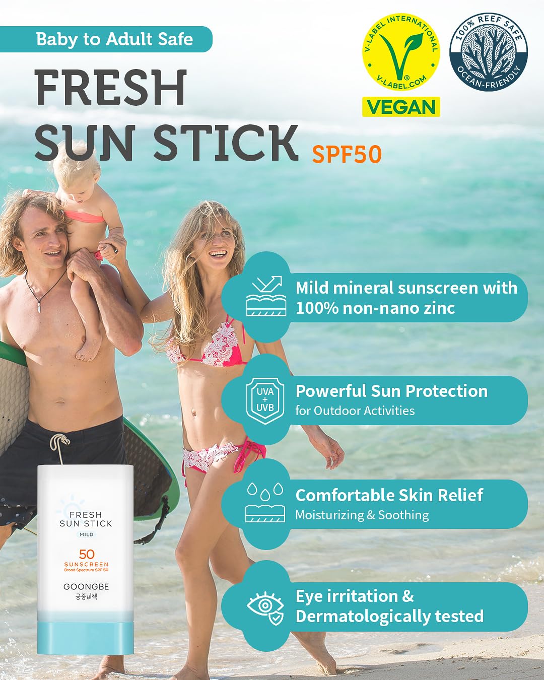 GOONGBE Sun Stick on hand illustrating easy outdoor reapplication.