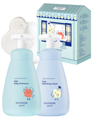 Goongbe Kids Wash Duo Set front packaging showing allergen-free, silicone-free bath duo for gentle routines