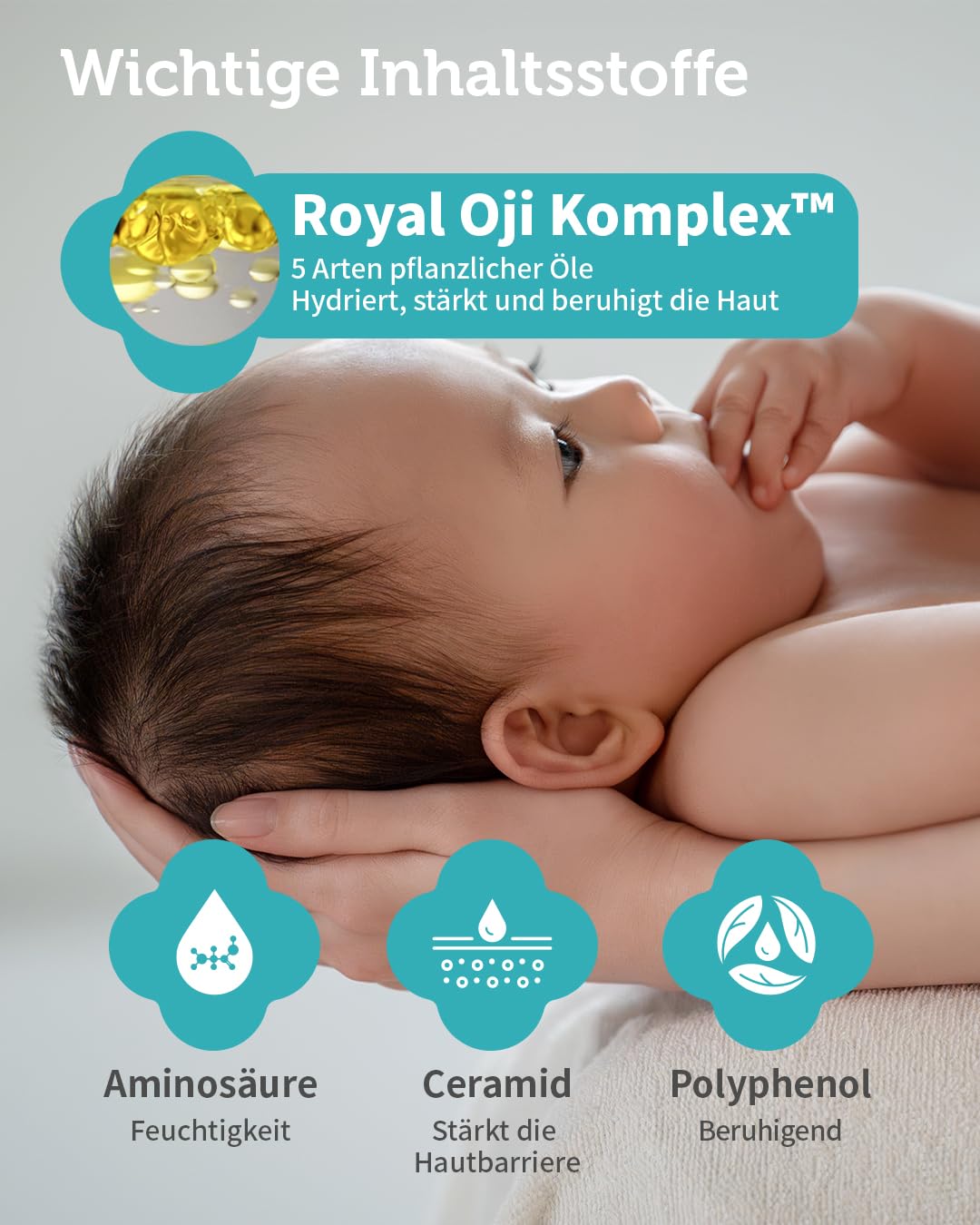 GOONGBE Pri-mmune Moisture Lotion on a baby hand provides daily gentle care.