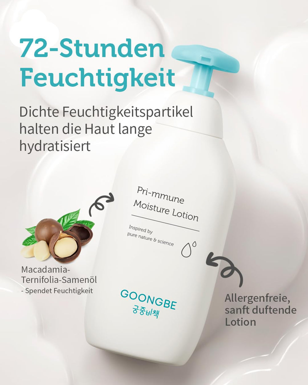 Close-up texture of GOONGBE Pri-mmune Moisture Lotion appears light and non-greasy.