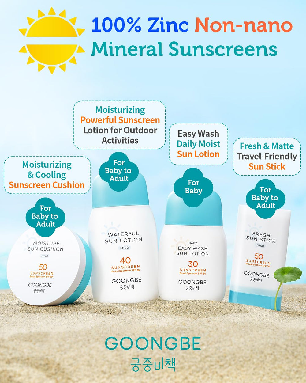 GOONGBE Waterful Sun Lotion suitable for kids and adults during outdoor activities