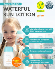 GOONGBE Waterful Sun Lotion SPF40 label highlighting mineral protection and reef-safe formula