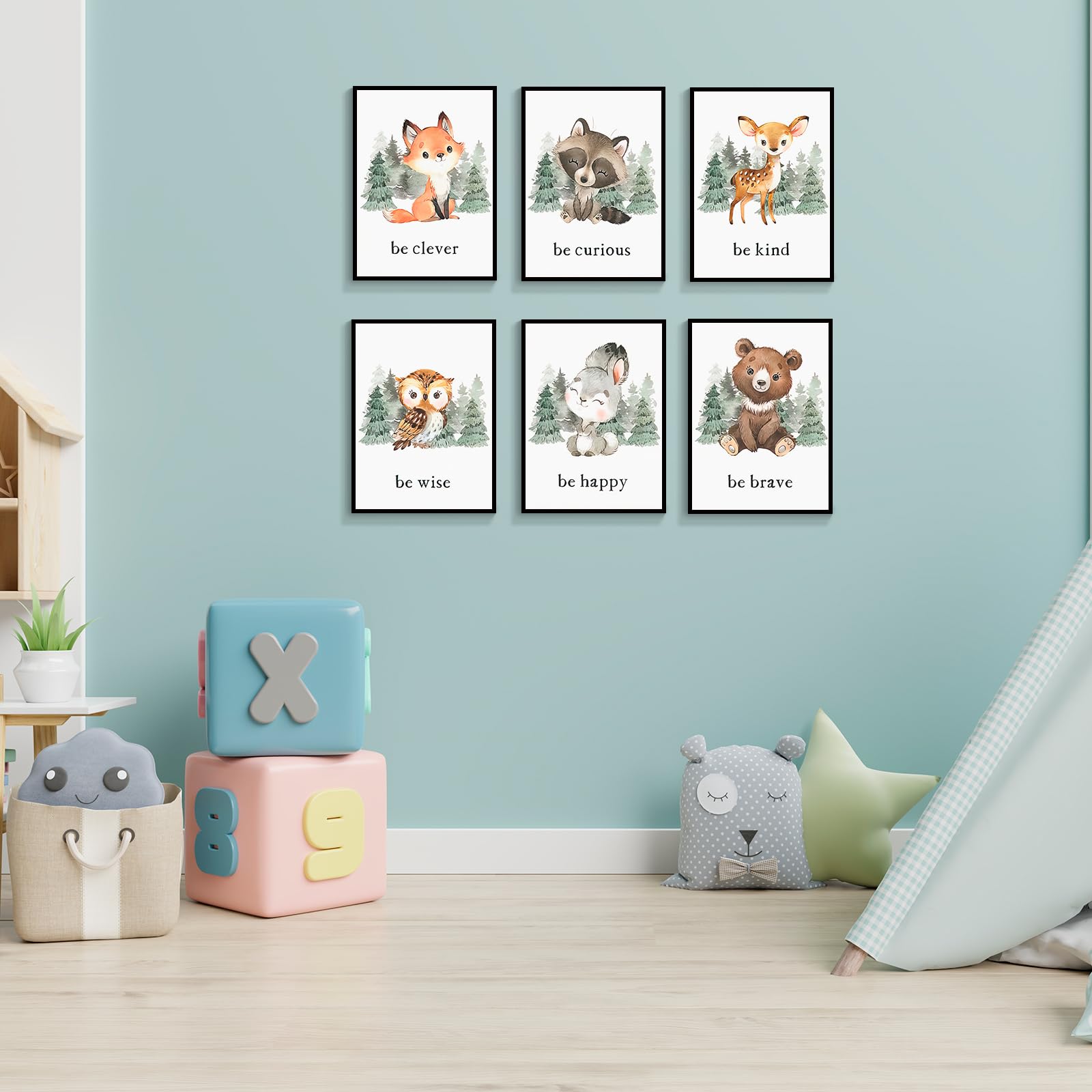 Gooptyinh deer animal print canvas brings soothing forest tones to infant zones.