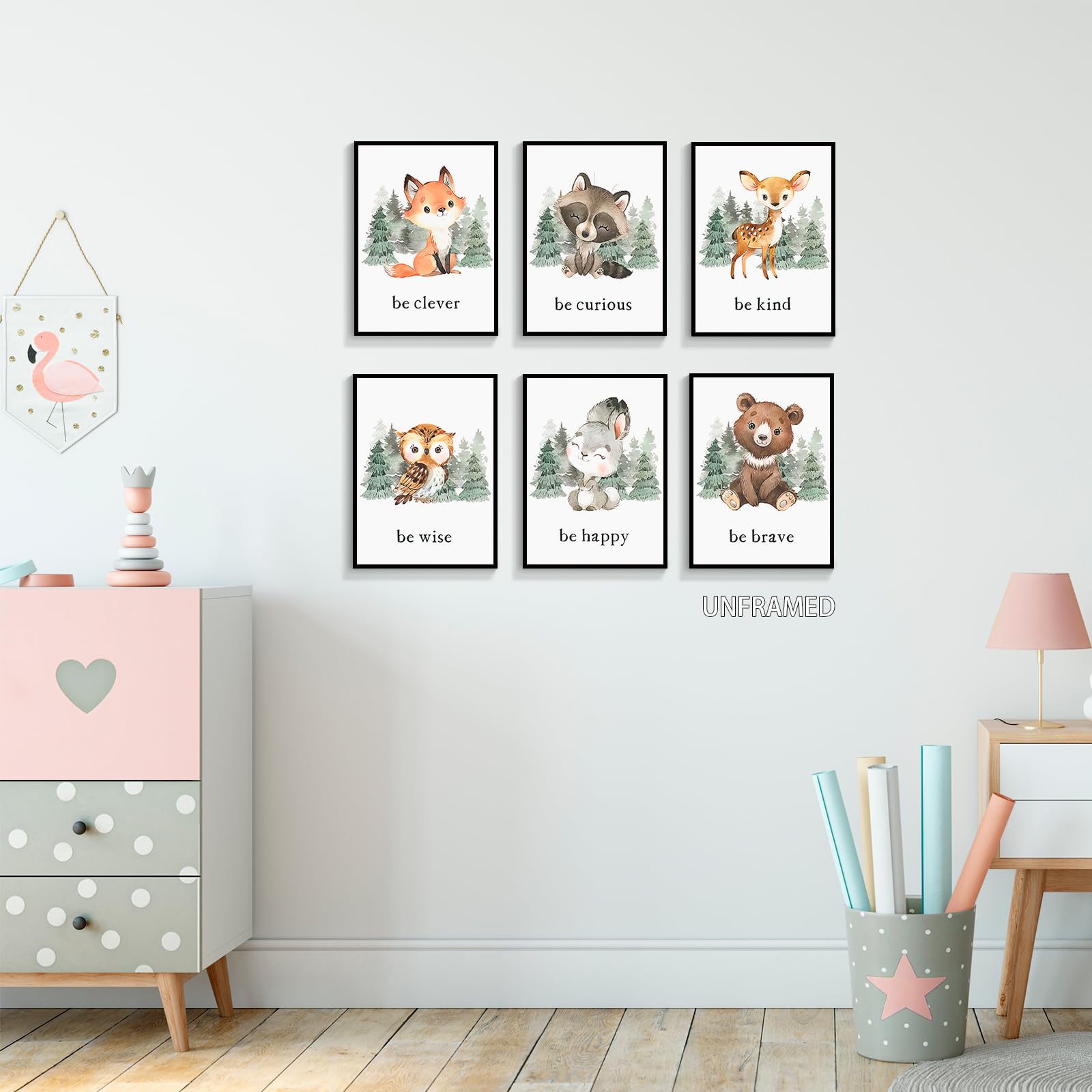 Gooptyinh woodland rabbit poster creates a gentle reading nook in baby room.