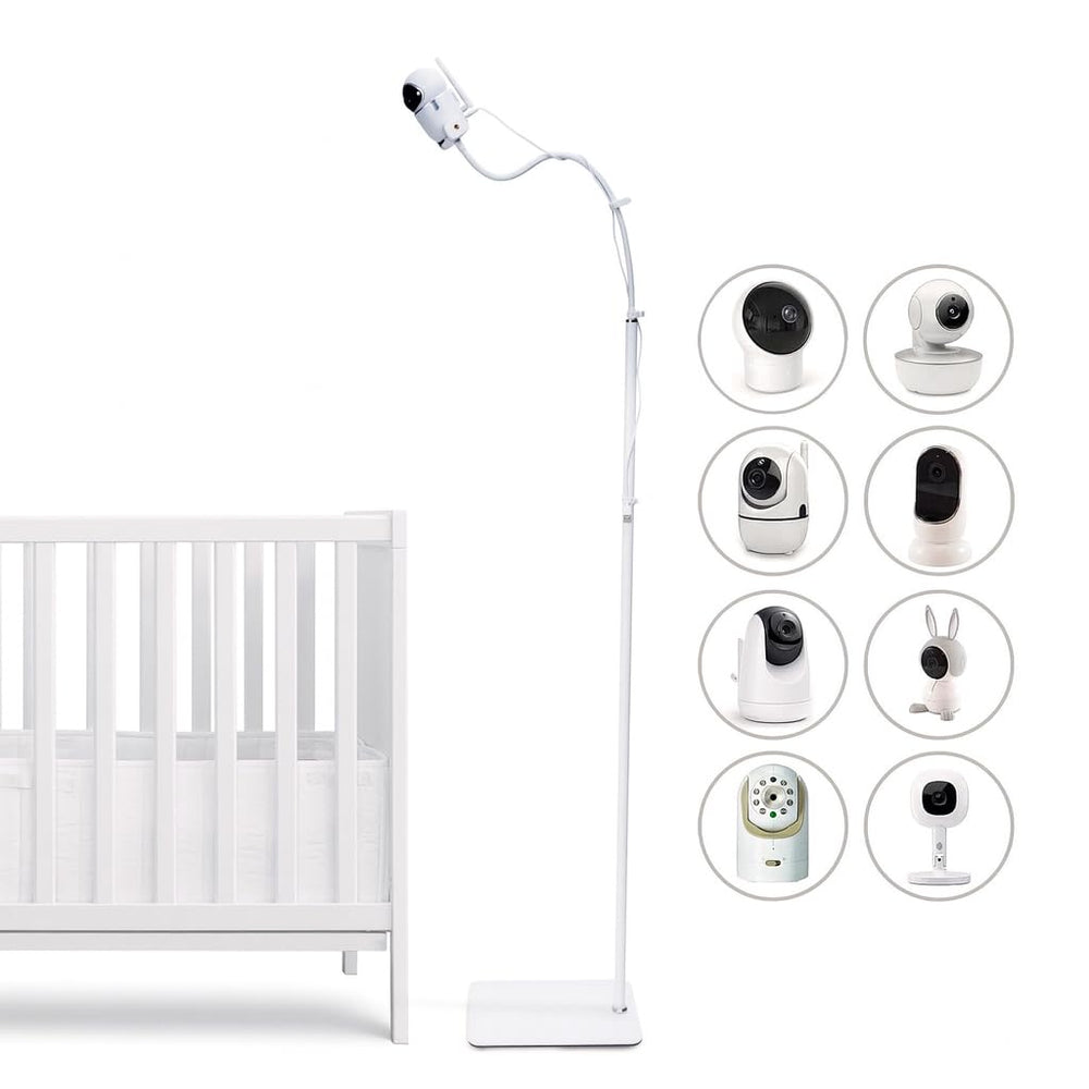 Goozie baby monitor floor stand with universal fit for multiple cameras and quick setup.