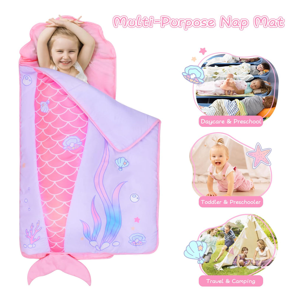 GOPHRALOVE Mermaid Nap Mat with detachable pillow for flexible nap setup.